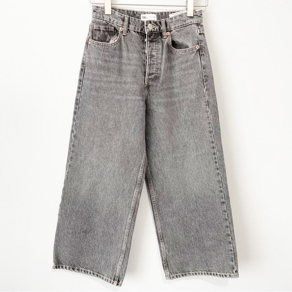 Zara stone gray wide leg jeans 100% cotton denim size 4 button fly ankle